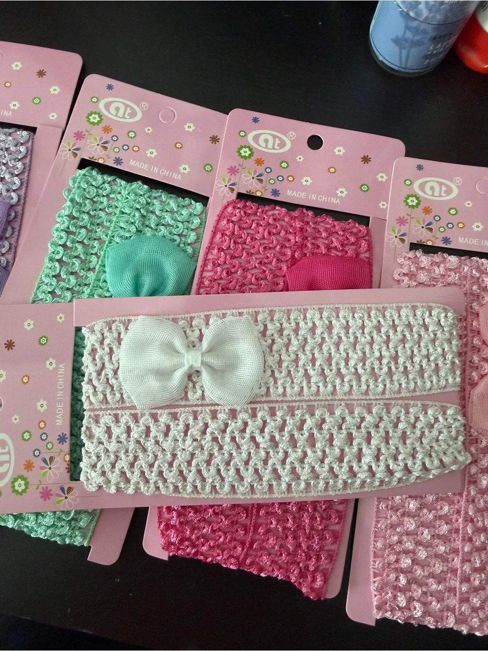 6 Assorted Kids baby Bow Headbands - Pink, Purple, Mint, Red, Light Blue, White